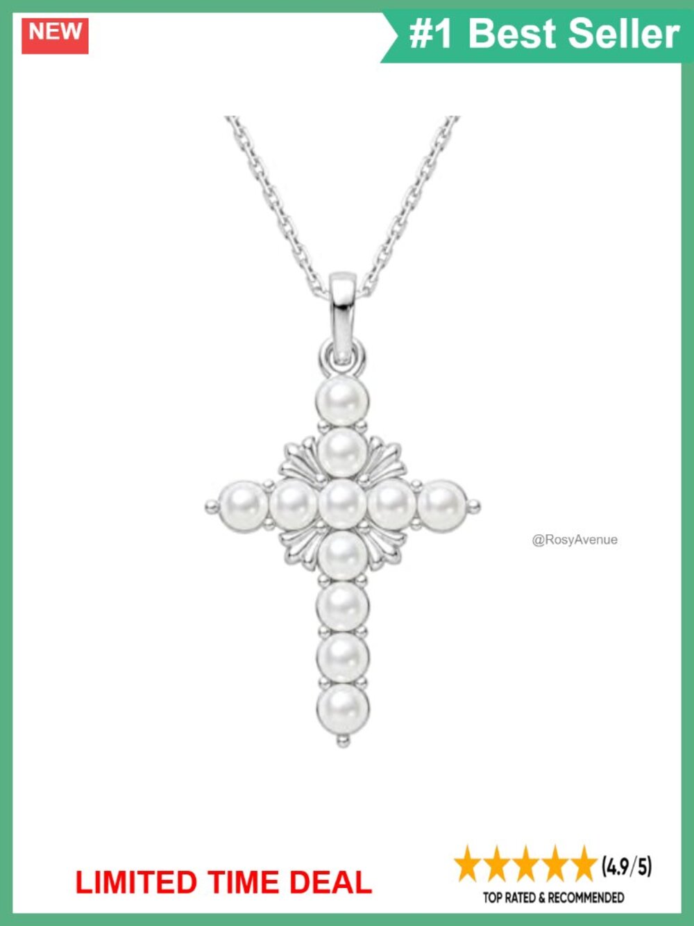 Pearl Cross Necklace in 925 Sterling Silver 18 Inch Cable Chain